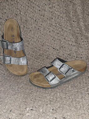BIRKENSTOCK-Arizona-Birko Flor-Gray/Snakeskin Slide Sandals-Sz 40-Excellent